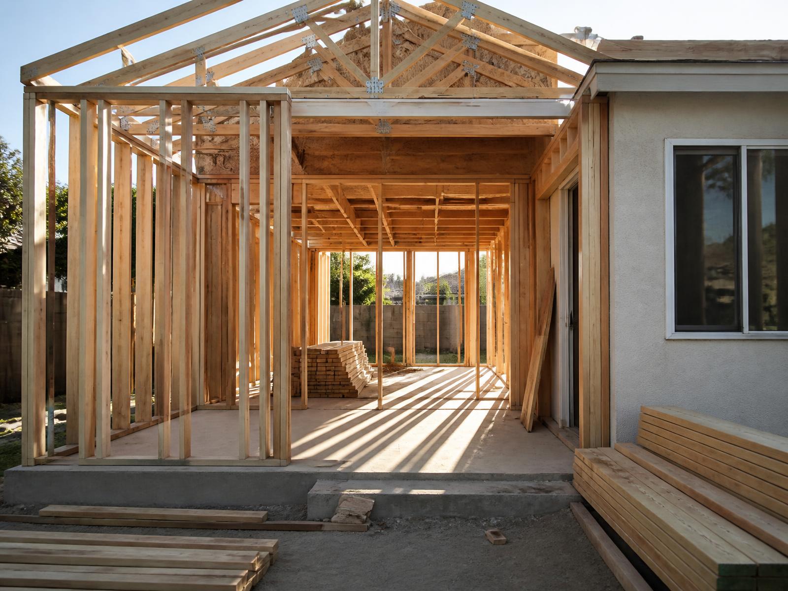 Residential addition under construction, with new wood framing and roof trusses tied into an existing home