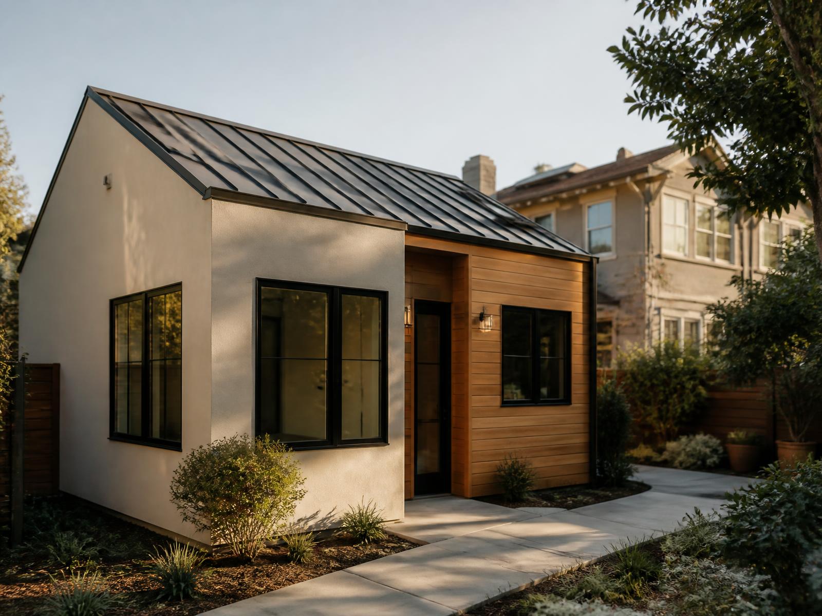 Detached accessory dwelling unit with stucco and cedar cladding, standing-seam metal roof and black-framed windows