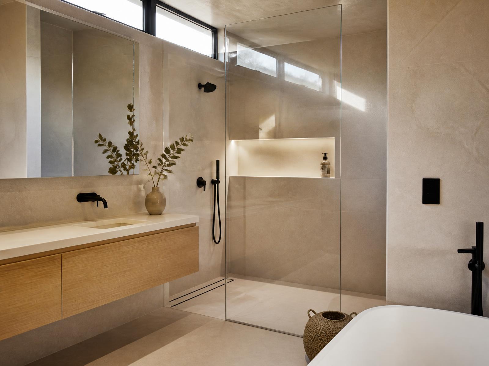 Finished bathroom with large-format stone tile, a floating oak vanity and a frameless glass shower