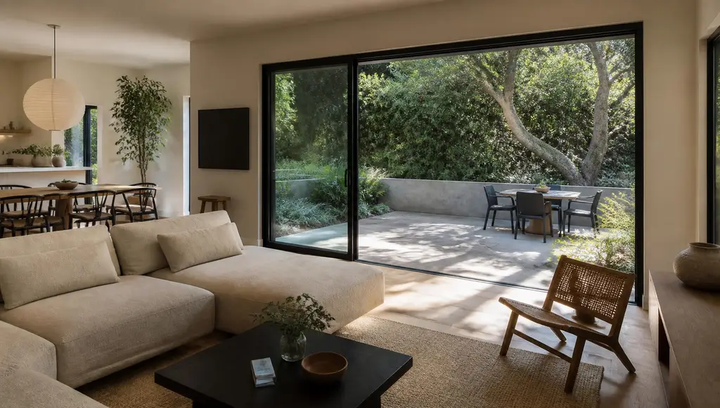 Finished residential great room with oak floors, plaster walls and sliding glass doors opening to a concrete patio