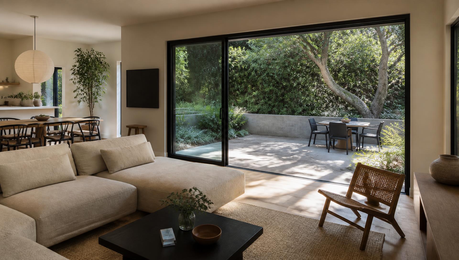 Finished residential great room with oak floors, plaster walls and sliding glass doors opening to a concrete patio