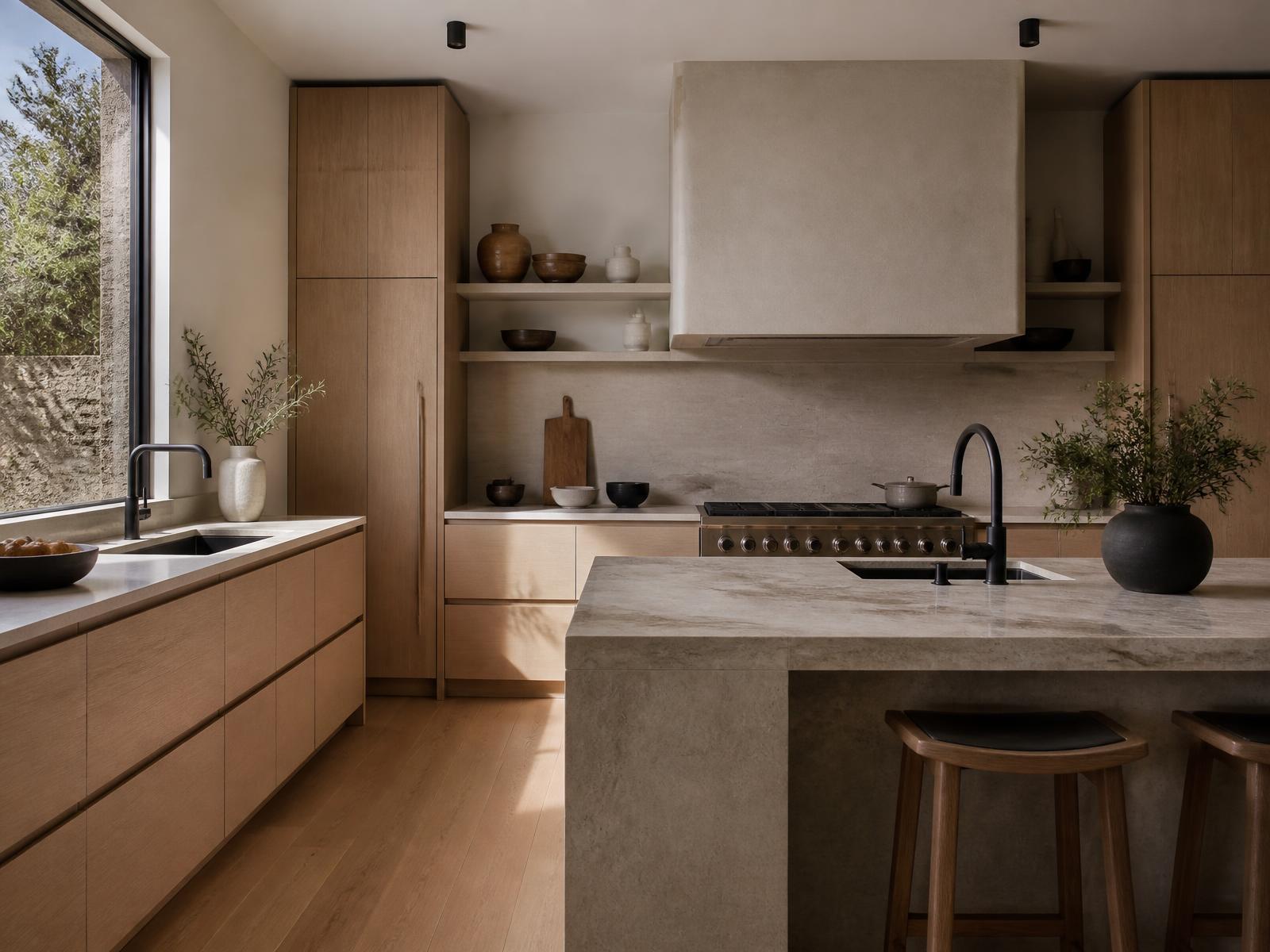 Finished kitchen with white oak cabinetry, a stone waterfall island and matte black fixtures