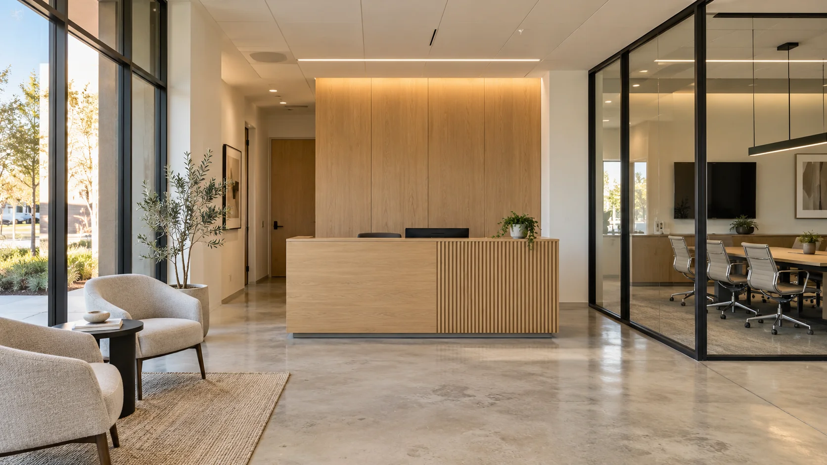 Illustrative office reception with white oak millwork, honed concrete floors and a glass conference room